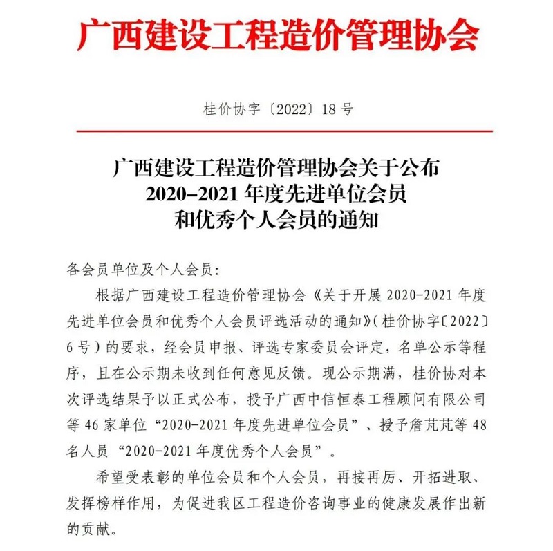 廣西工程咨詢集團直屬企業(yè)建信公司獲評為廣西建設(shè)工程造價管理協(xié)會2020-2021年度先進單位會員