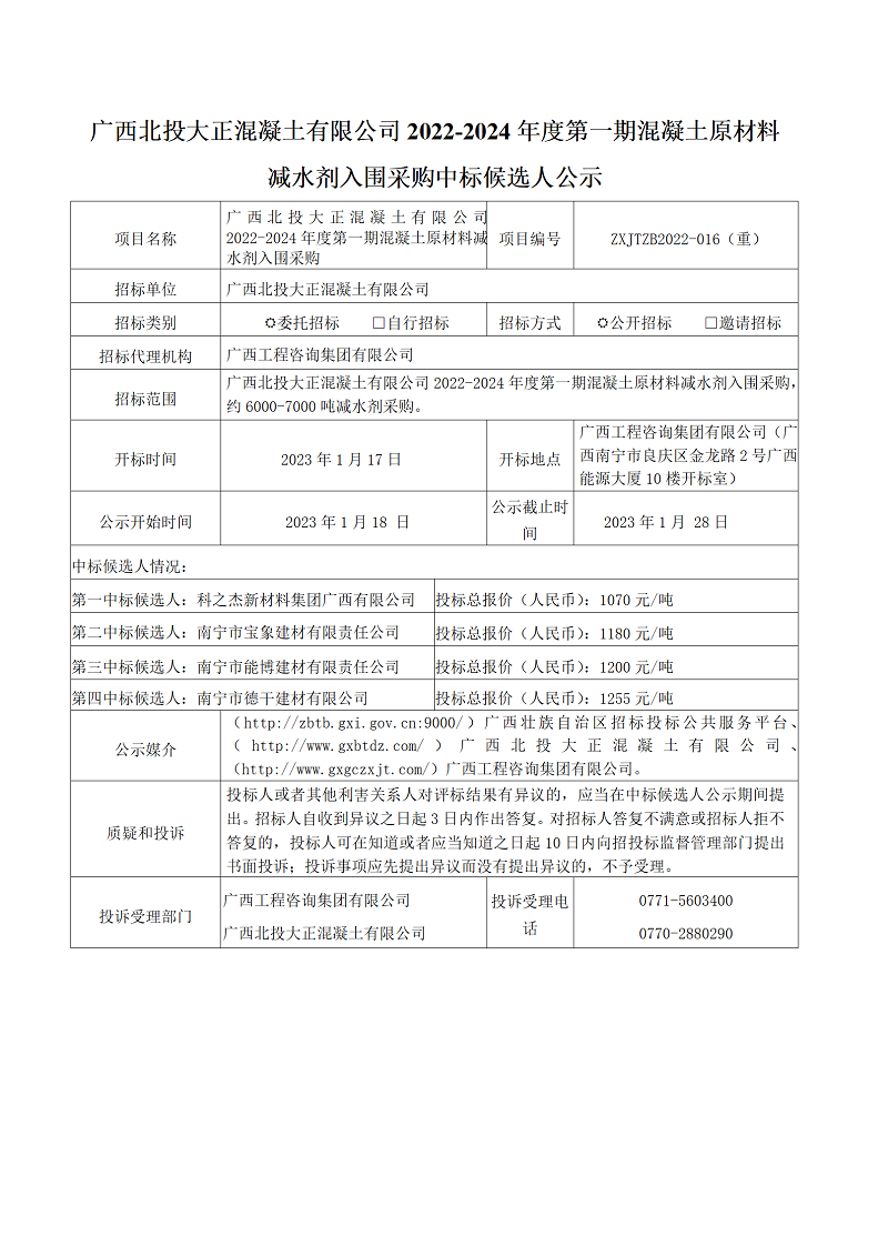 廣西北投大正混凝土有限公司2022-2024年度第一期混凝土原材料減水劑入圍采購中標候選人公示