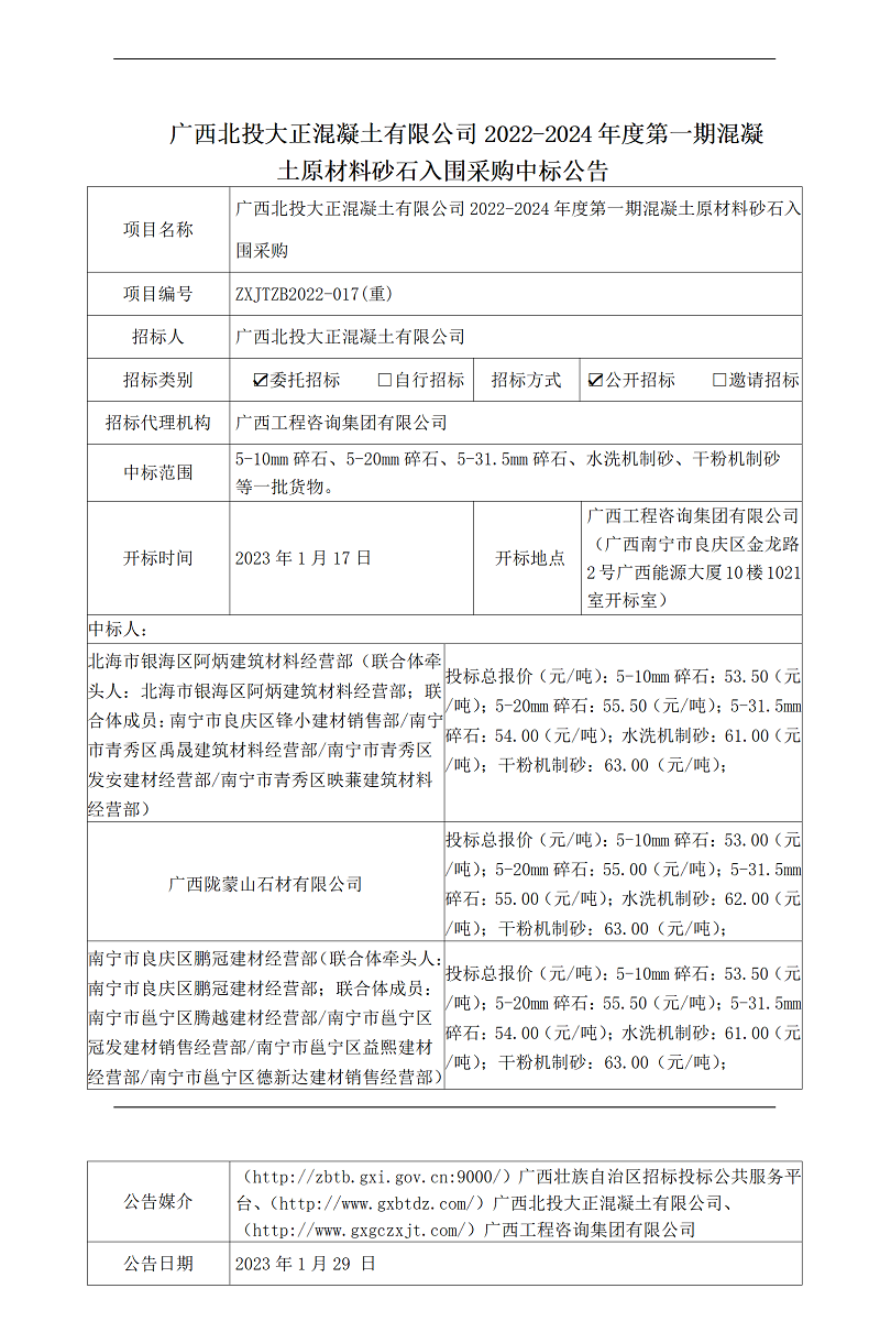 廣西北投大正混凝土有限公司2022-2024年度第一期混凝土原材料砂石入圍采購中標公告