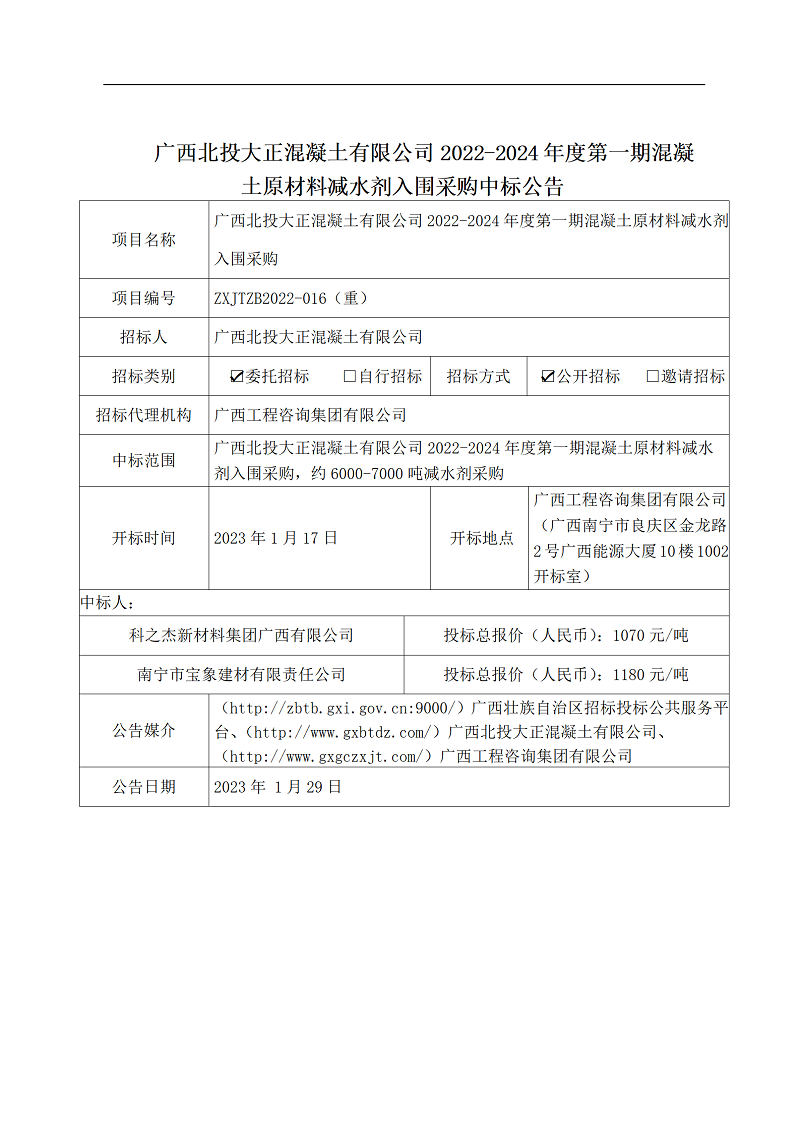 廣西北投大正混凝土有限公司2022-2024年度第一期混凝土原材料減水劑入圍采購中標公告