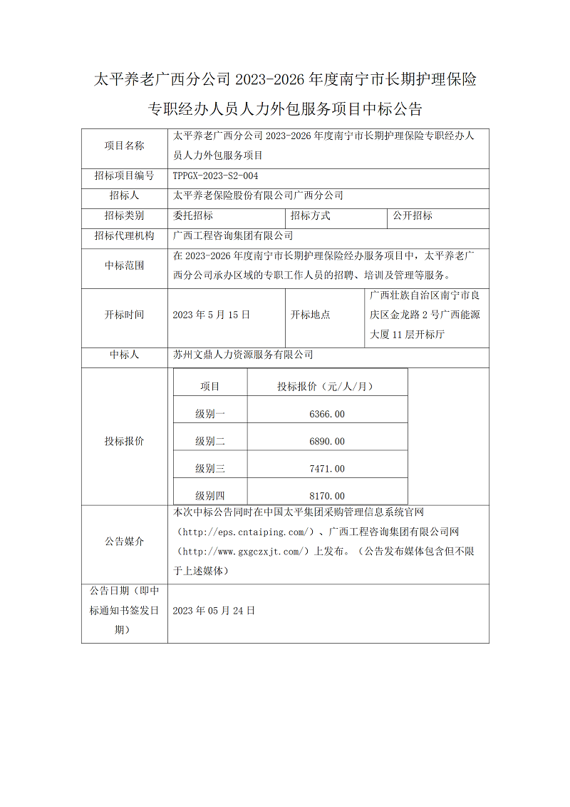 太平養老廣西分公司2023-2026年度南寧市長期護理保險專職經辦人員人力外包服務項目中標公告